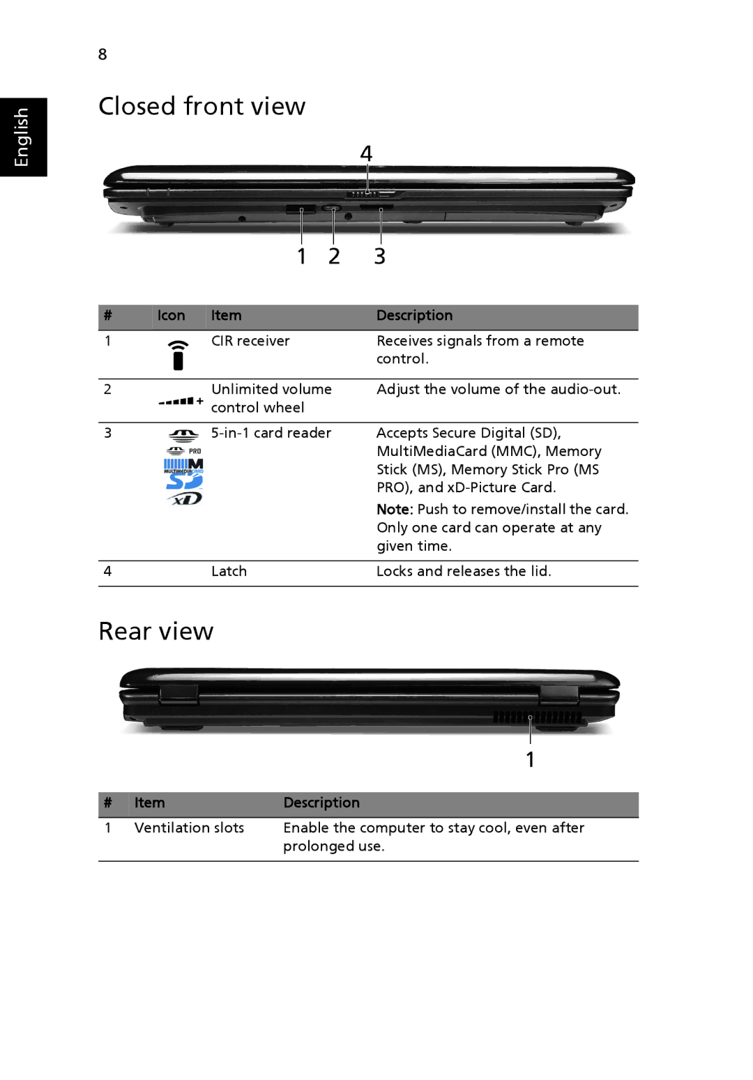 Acer ZY5, 7530G manual Closed front view, Rear view, Icon Description 