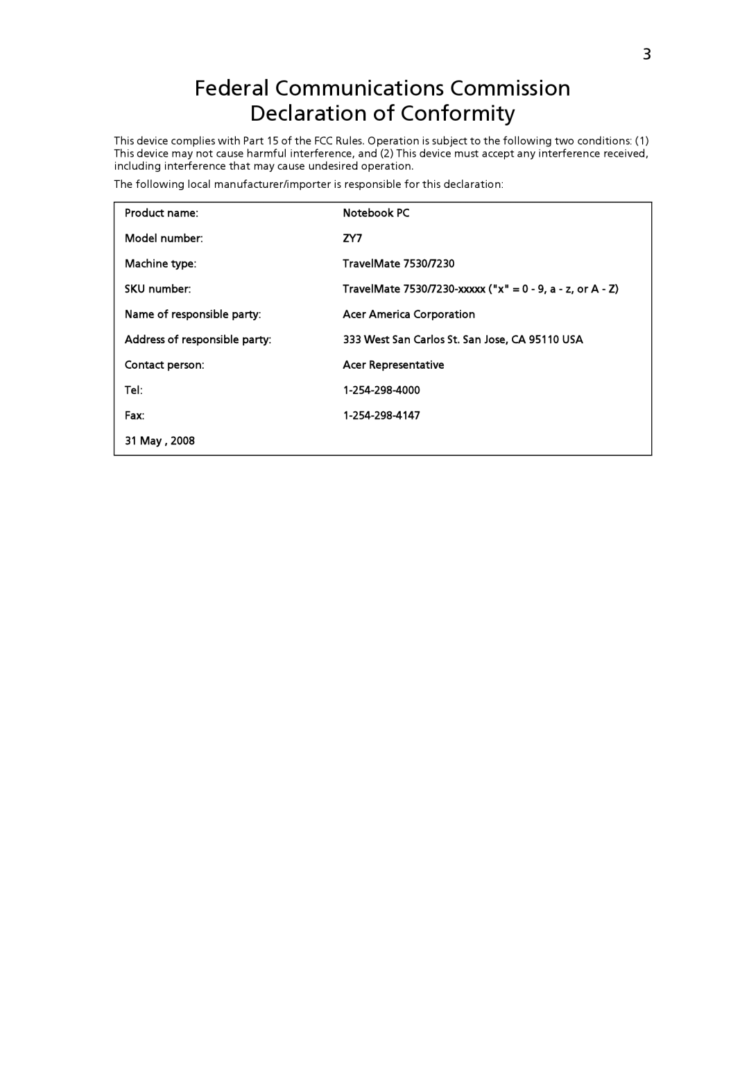 Acer ZY7, 7530 Series, 7230 Series manual Federal Communications Commission Declaration of Conformity 