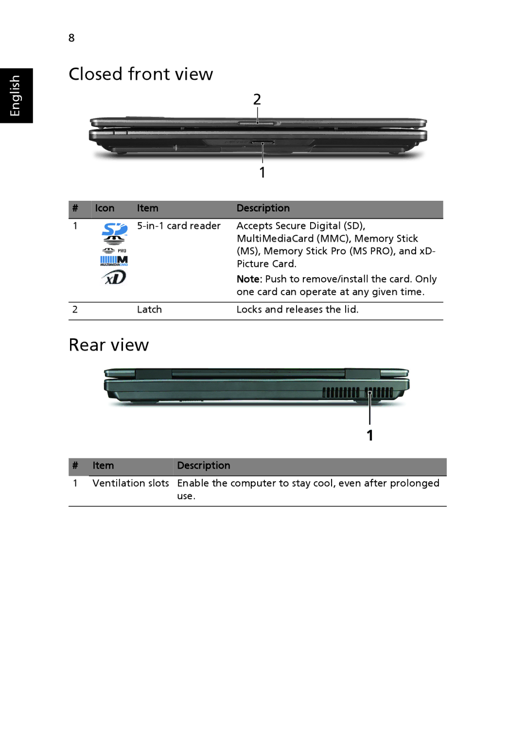 Acer 7230 Series, ZY7, 7530 Series manual Closed front view, Rear view 