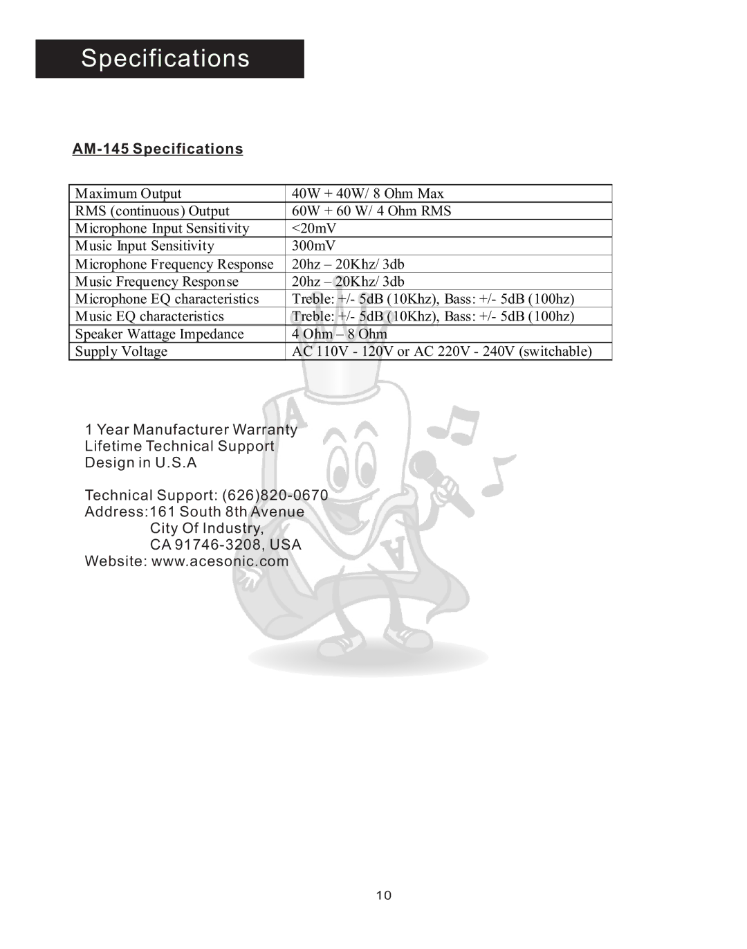 Acesonic user manual AM-145 Specifications 