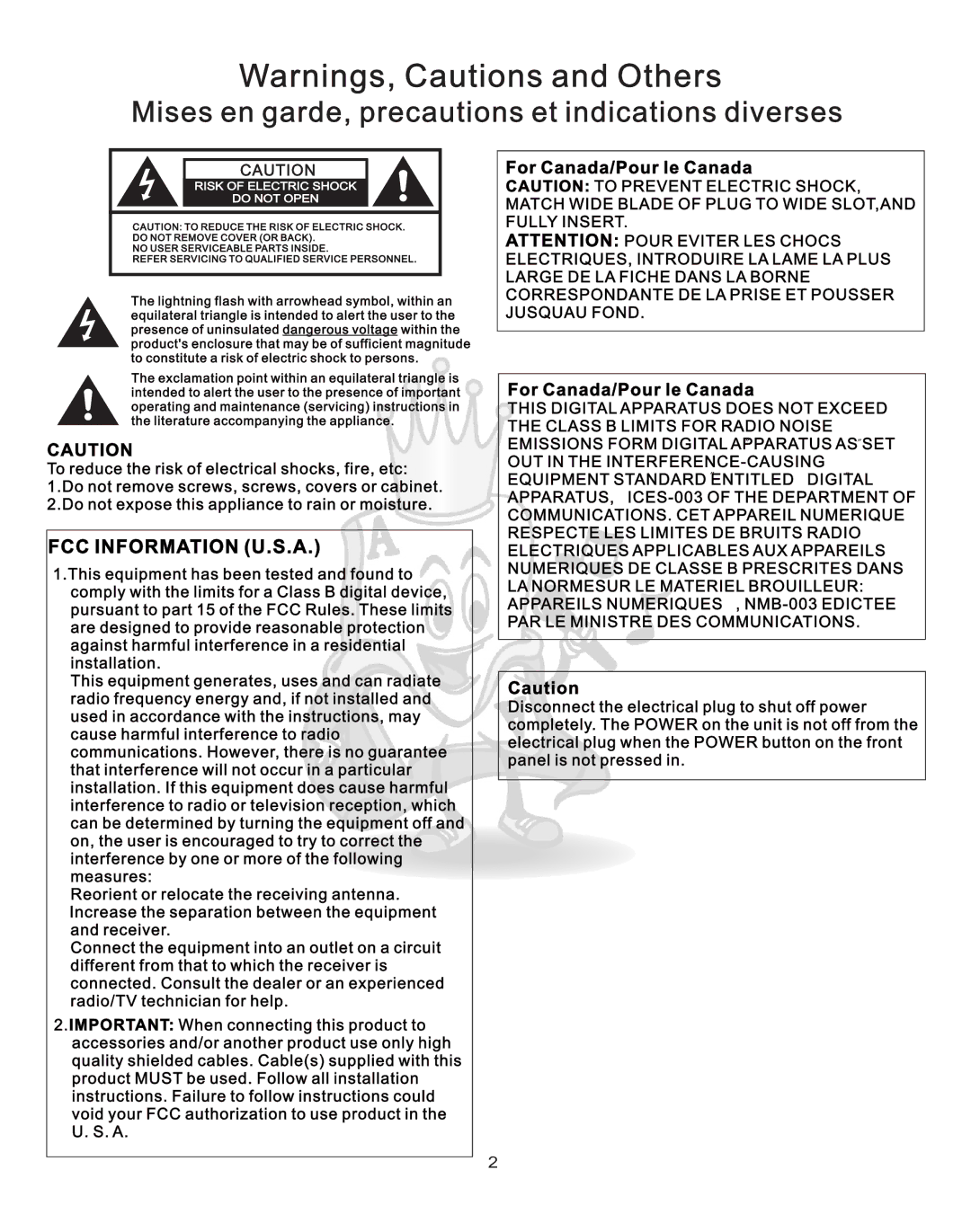 Acesonic AM-145 user manual Mises en garde, precautions et indications diverses 