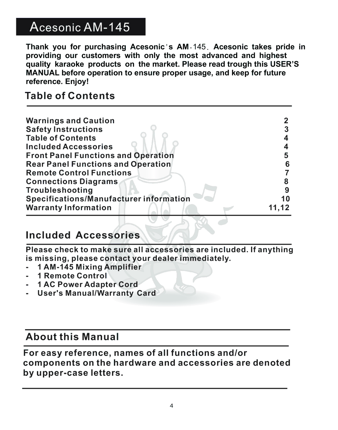 Acesonic user manual Acesonic AM-145, Table of Contents 