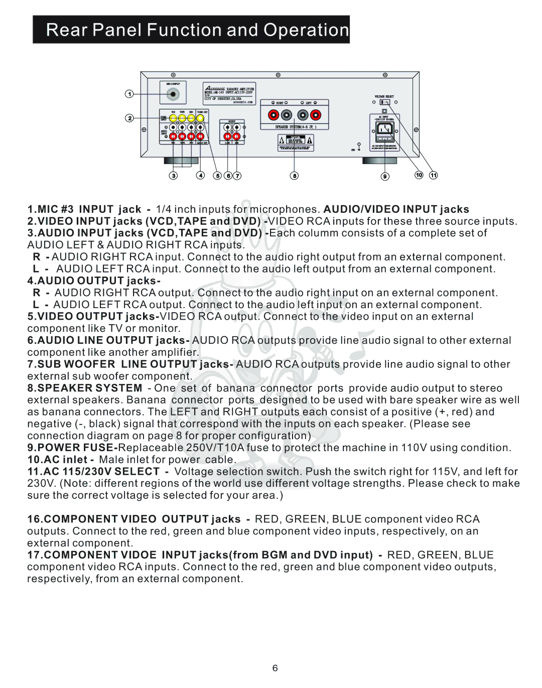 Acesonic AM-145 user manual Rear Panel Function and Operation, Audio Output jacks 