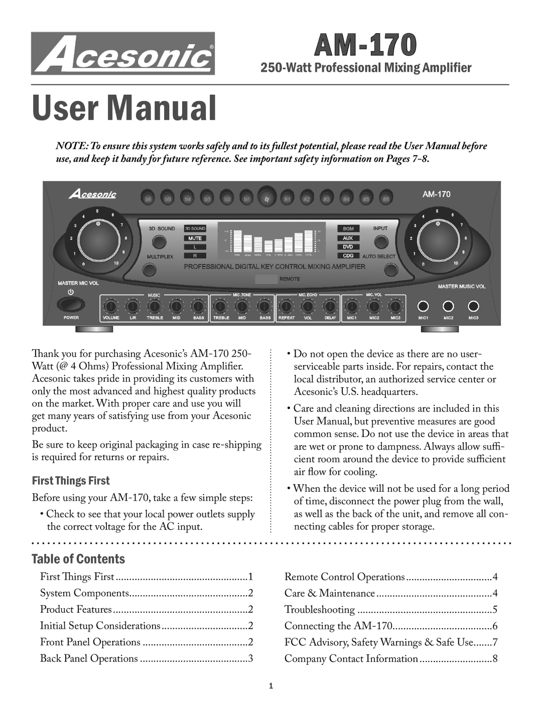 Acesonic AM-170 user manual Watt Professional Mixing Amplifier, Table of Contents 