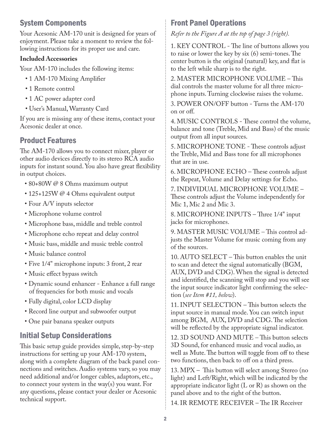 Acesonic AM-170 user manual System Components, Product Features, Initial Setup Considerations, Front Panel Operations 