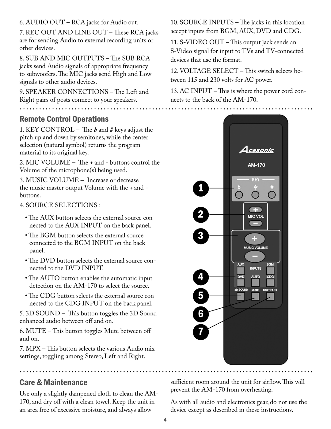 Acesonic AM-170 user manual Remote Control Operations, Care & Maintenance 