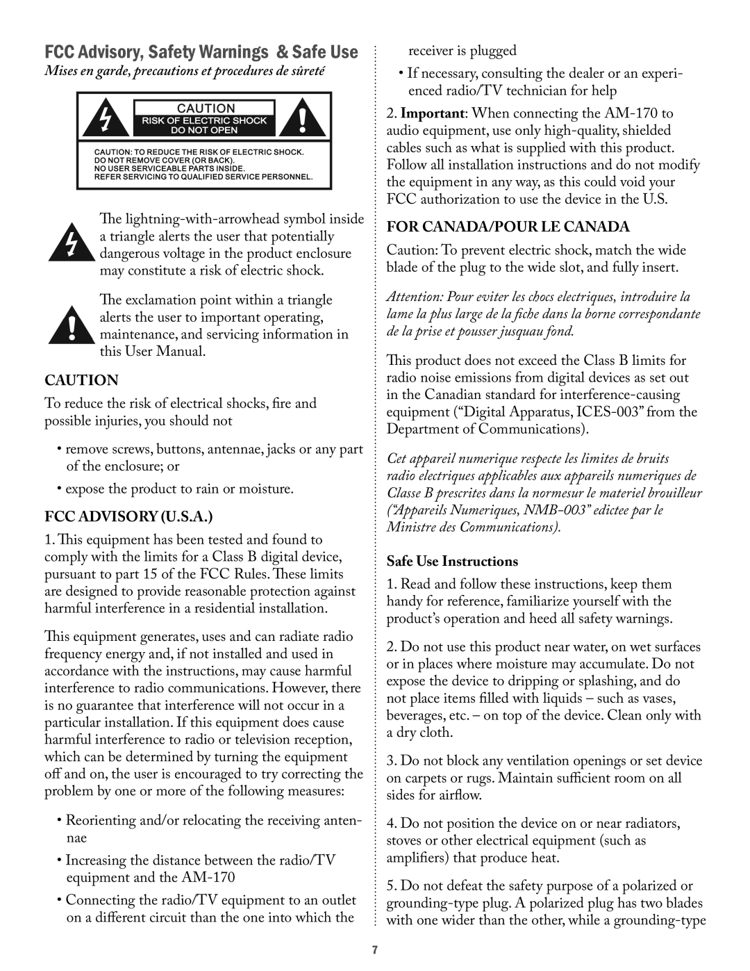 Acesonic AM-170 user manual FCC Advisory, Safety Warnings & Safe Use, Safe Use Instructions 