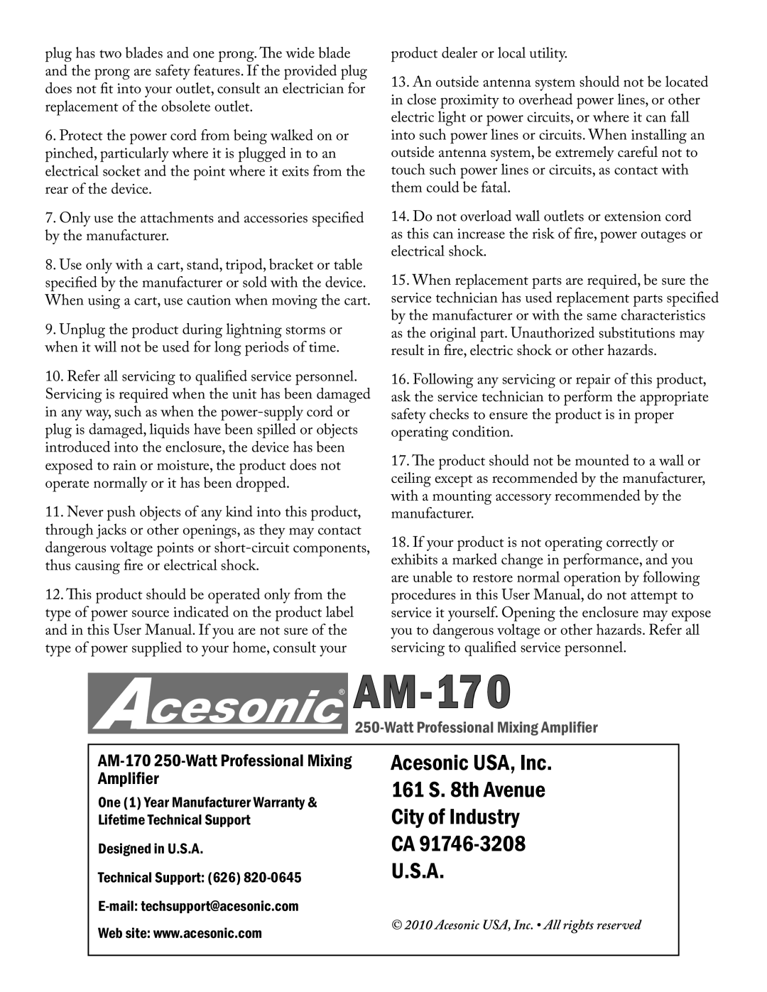 Acesonic AM-170 user manual 