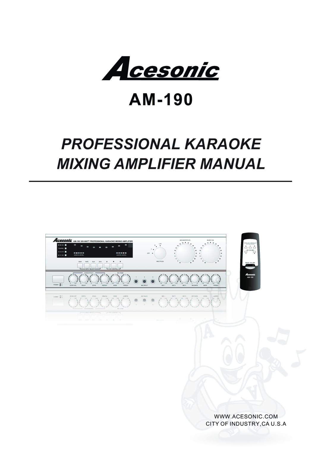 Acesonic AM-190 manual Professional Karaoke Mixing Amplifier Manual 