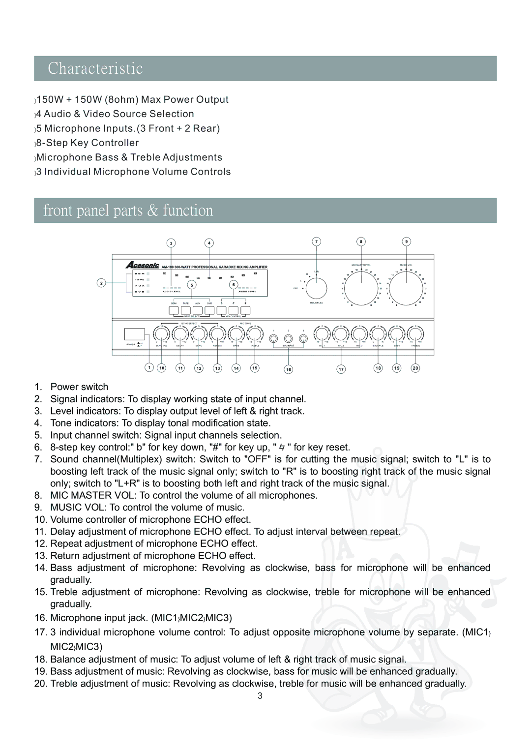 Acesonic AM-190 manual Characteristic, Front panel parts & function 