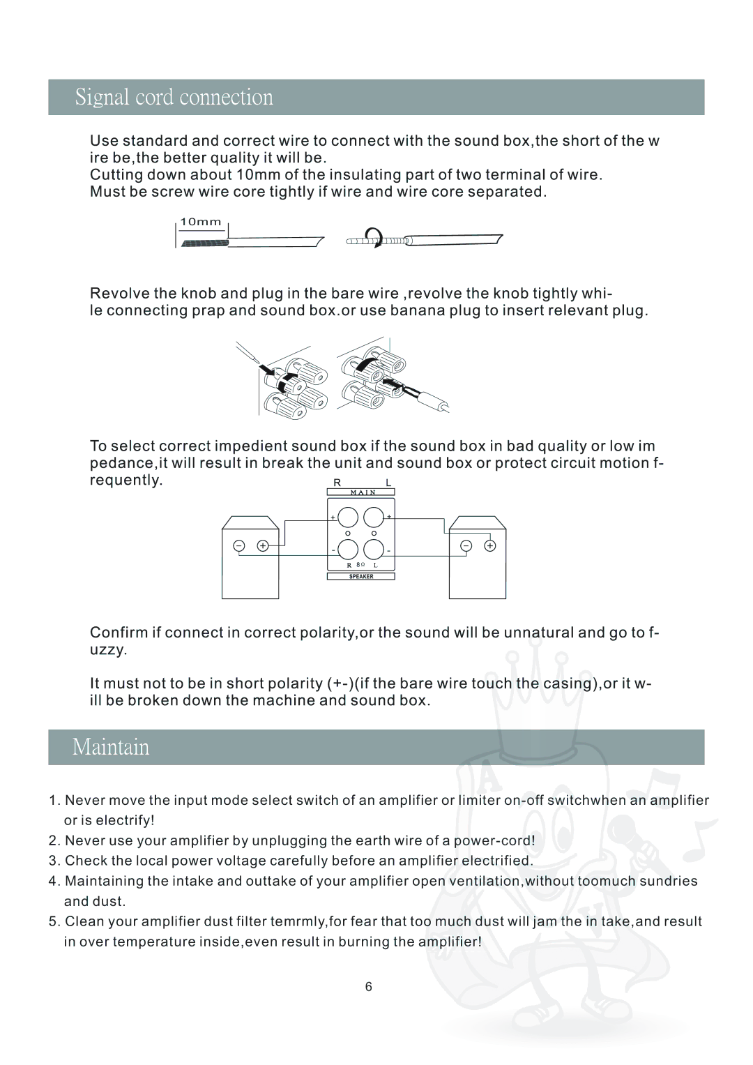 Acesonic AM-190 manual Signal cord connection, Maintain 