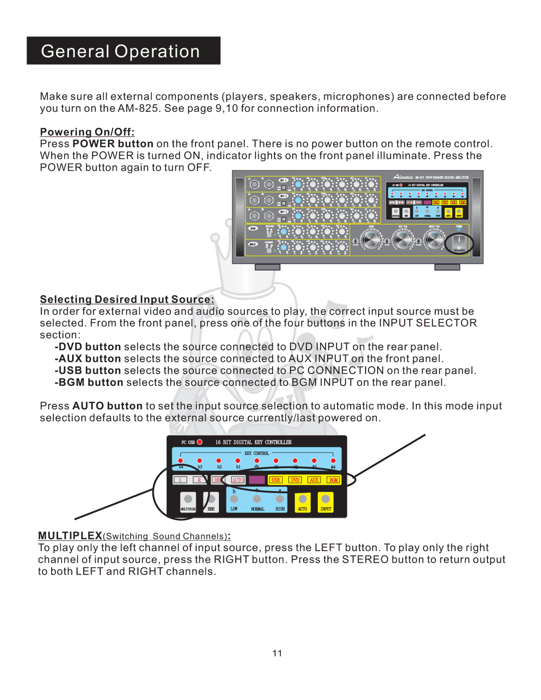 Acesonic AM-825 user manual General Operation, Powering On/Off, Selecting Desired Input Source 