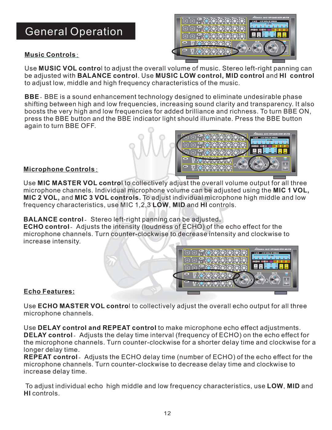 Acesonic AM-825 user manual Music Controls, Microphone Controls, Echo Features 