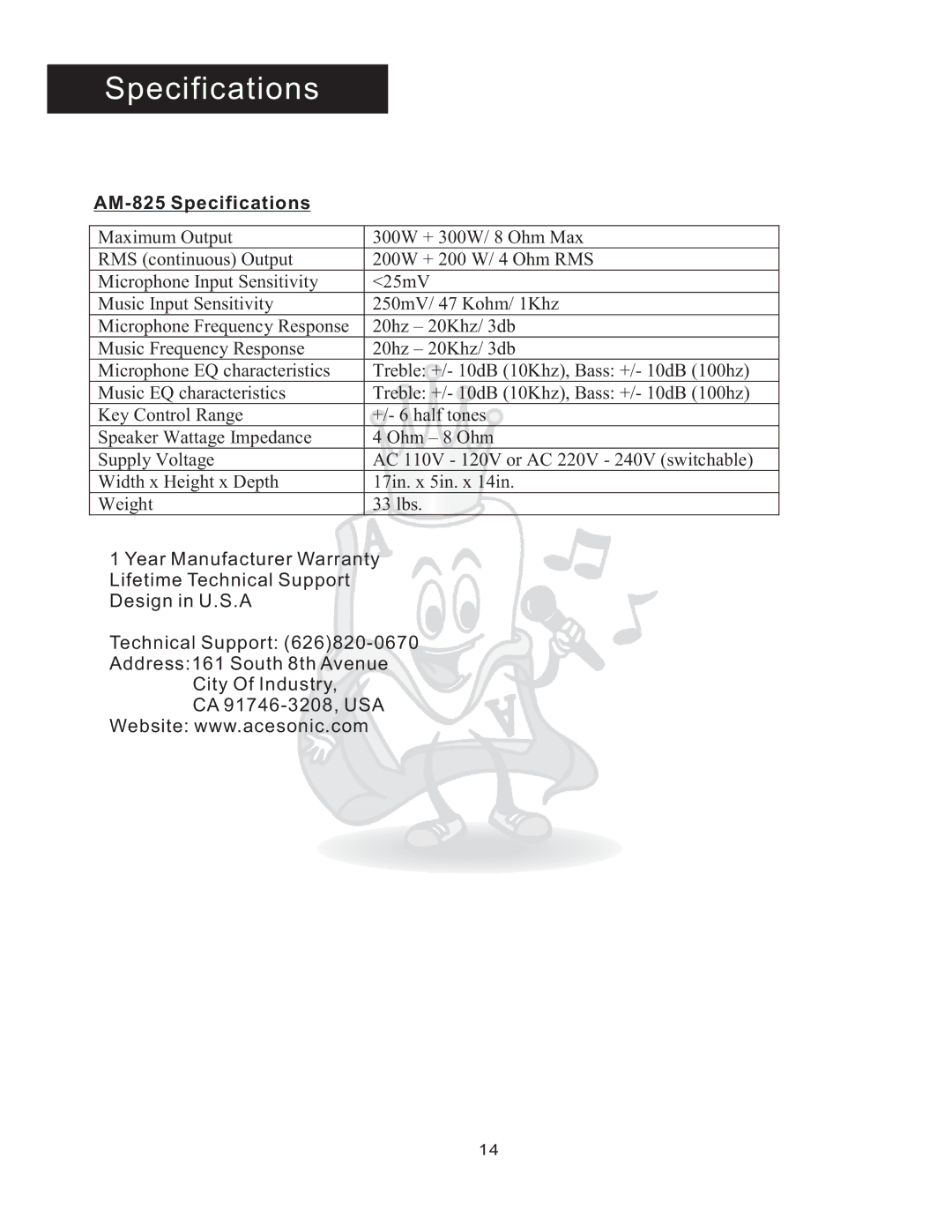 Acesonic user manual AM-825 Specifications 