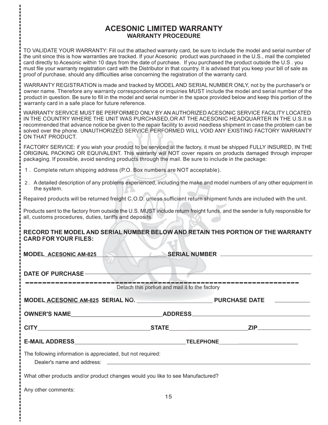 Acesonic AM-825 user manual Acesonic Limited Warranty 