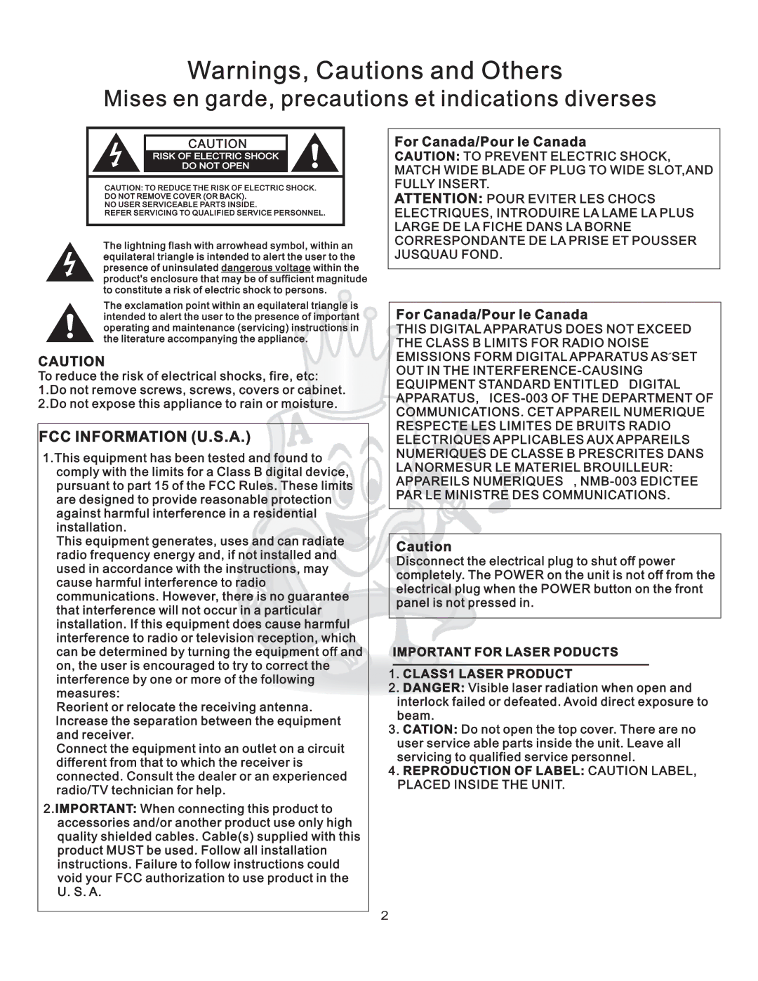 Acesonic AM-825 user manual Mises en garde, precautions et indications diverses 