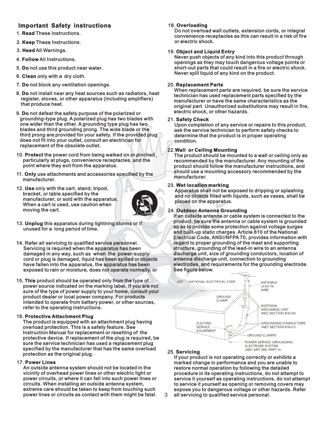 Acesonic AM-825 user manual Important Safety instructions 