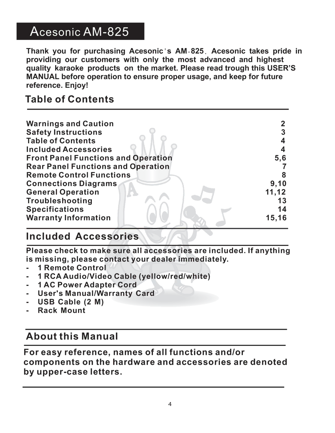 Acesonic user manual Acesonic AM-825, Table of Contents 