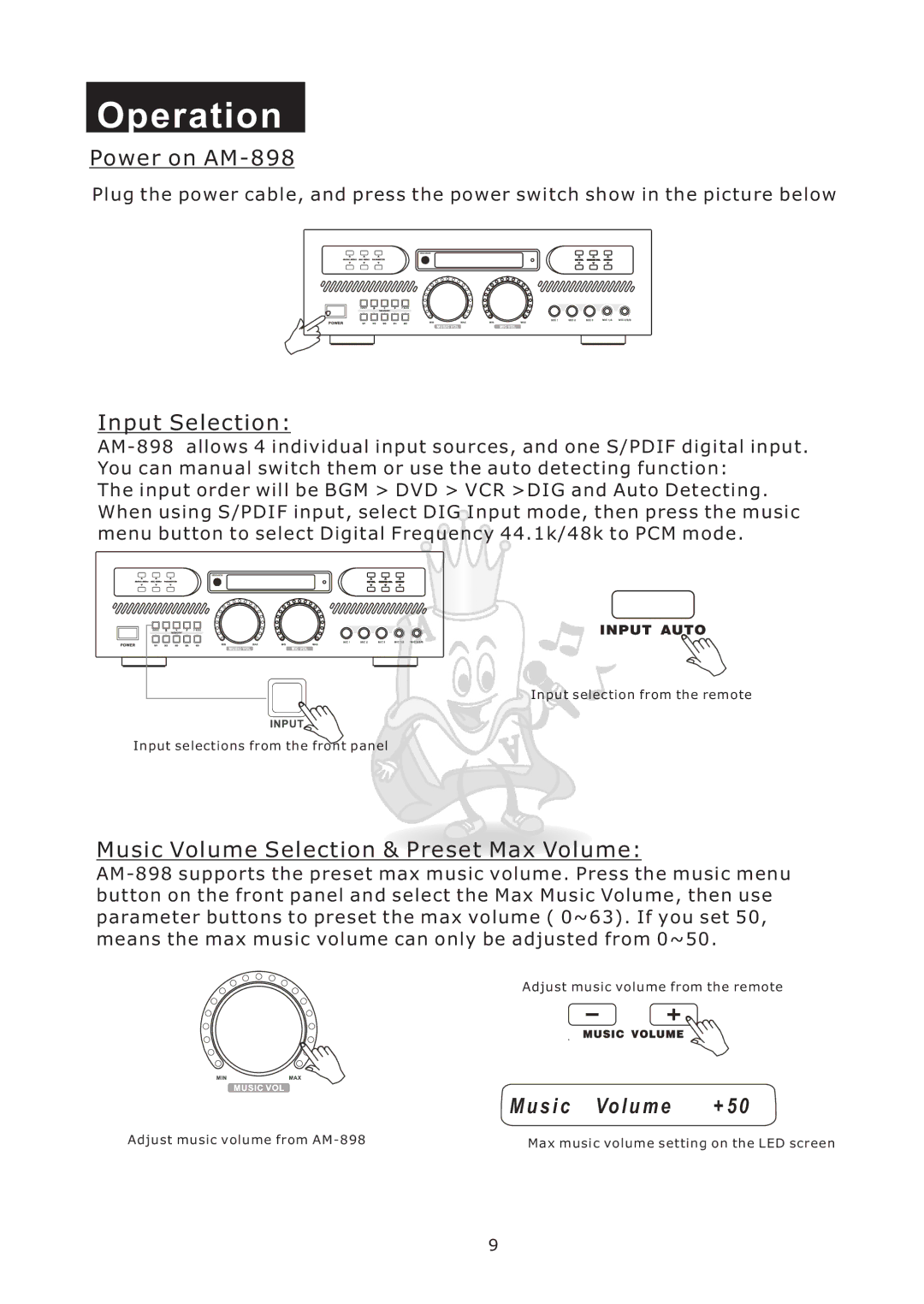 Acesonic user manual Operation, Power on AM-898, Input Selection, Music Volume Selection & Preset Max Volume 