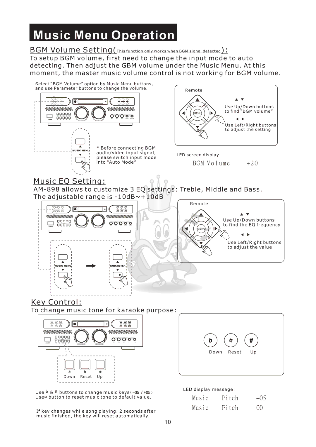 Acesonic AM-898 user manual Music Menu Operation, Music EQ Setting, Key Control 