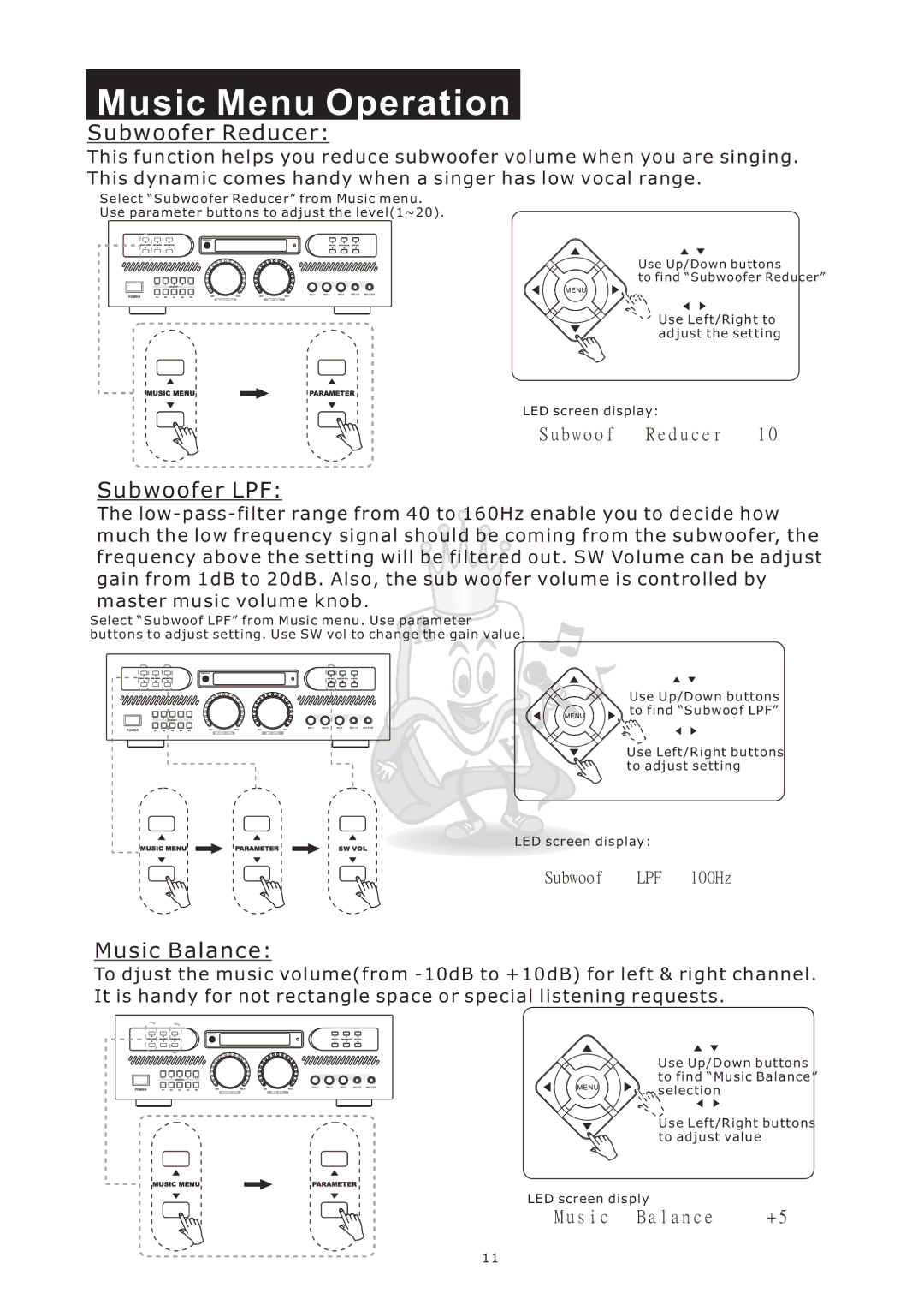 Acesonic AM-898 user manual Subwoofer Reducer, Subwoofer LPF, Music Balance 