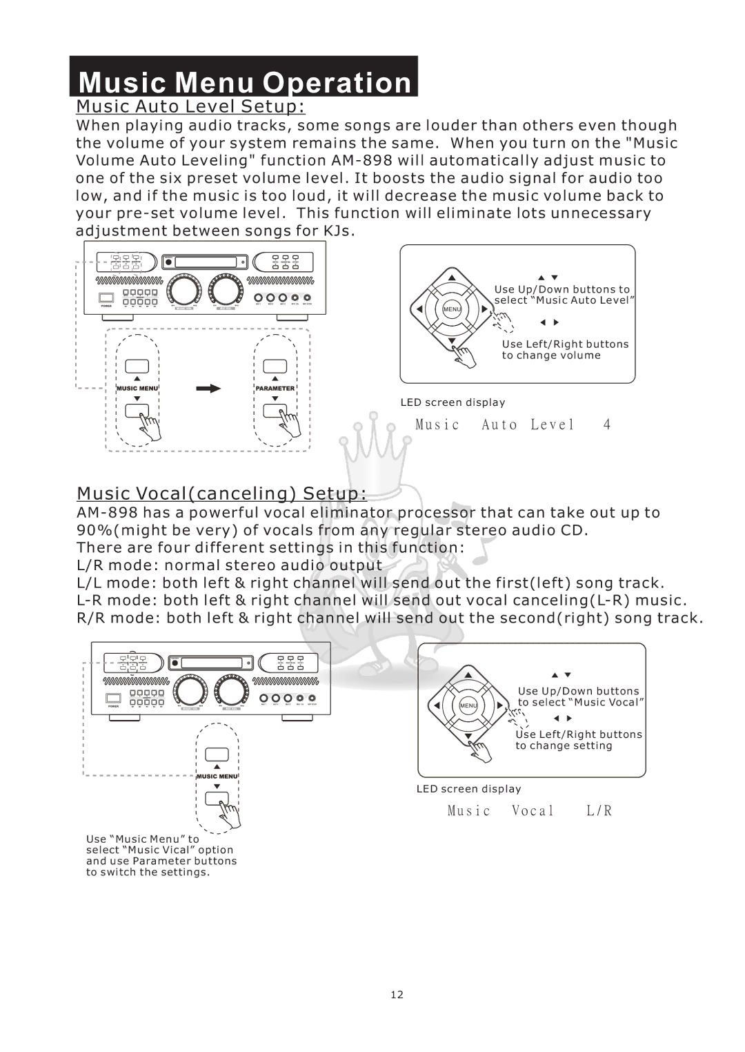 Acesonic AM-898 user manual Music Auto Level Setup, Music Vocalcanceling Setup 