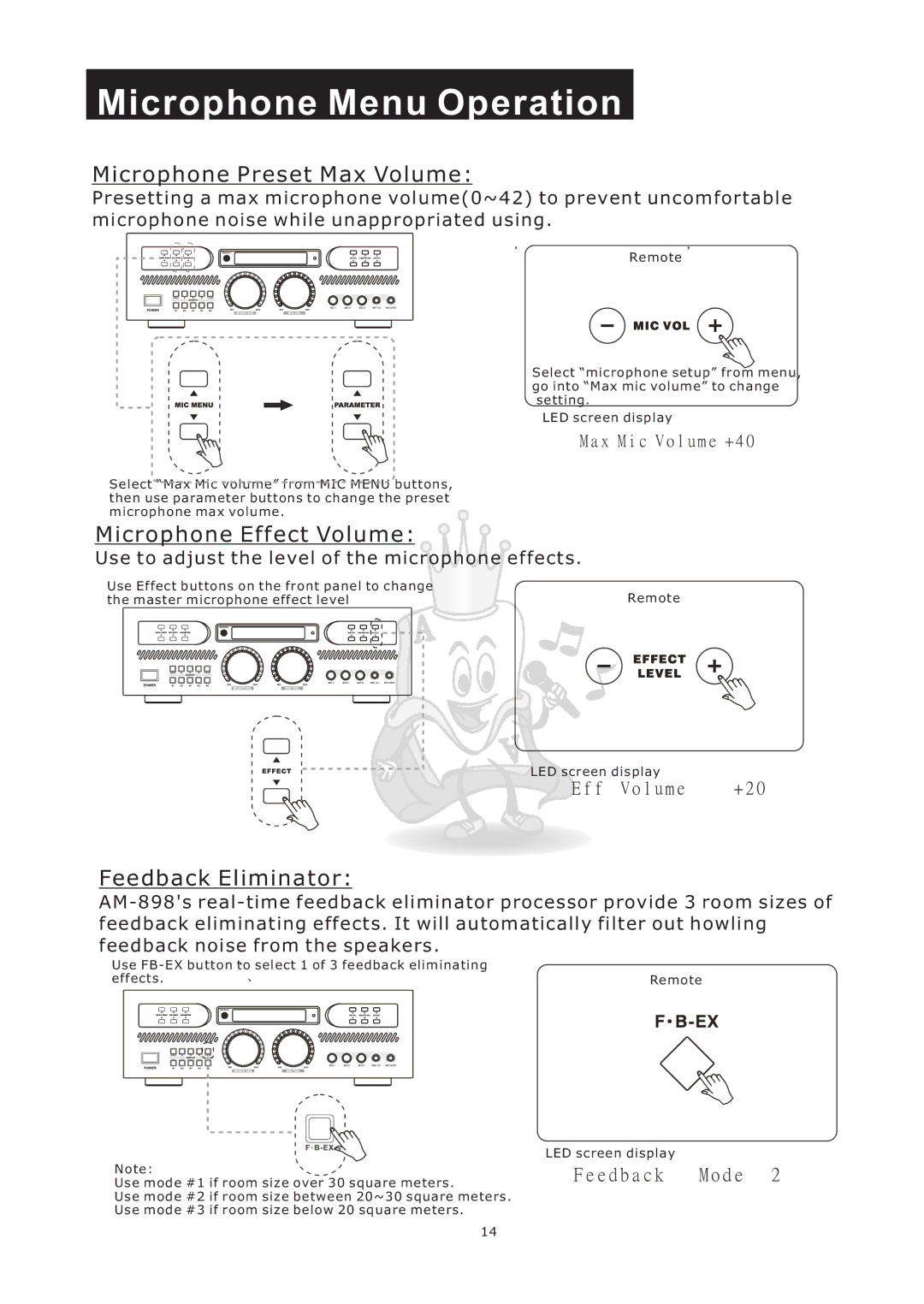 Acesonic AM-898 Microphone Menu Operation, Microphone Preset Max Volume, Microphone Effect Volume, Feedback Eliminator 