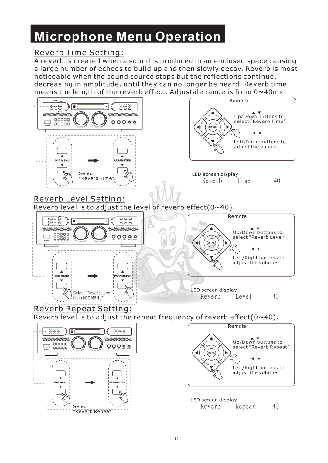 Acesonic AM-898 user manual Reverb Time Setting, Reverb Level Setting, Reverb Repeat Setting 