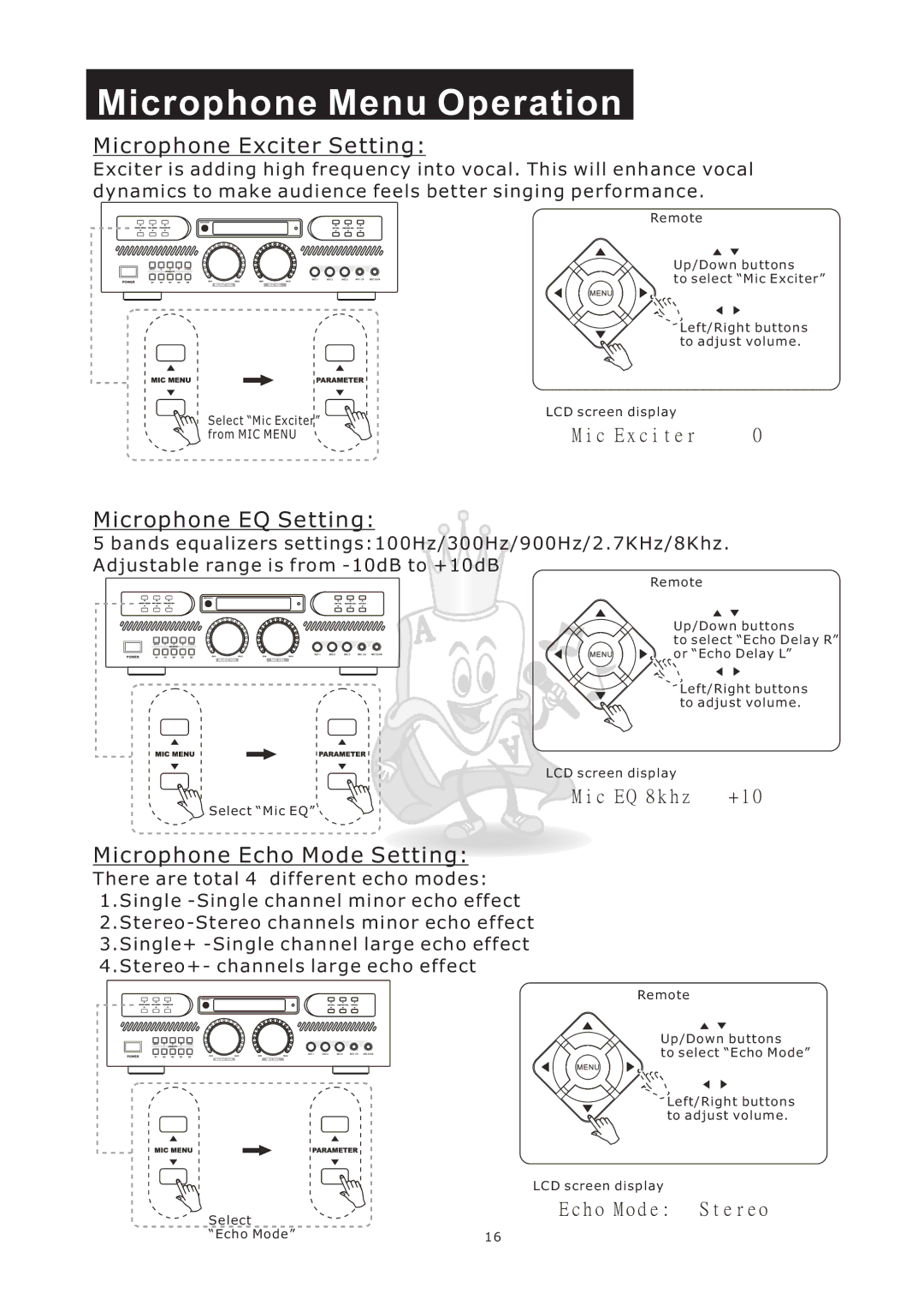 Acesonic AM-898 user manual Microphone Exciter Setting, Microphone EQ Setting, Microphone Echo Mode Setting 