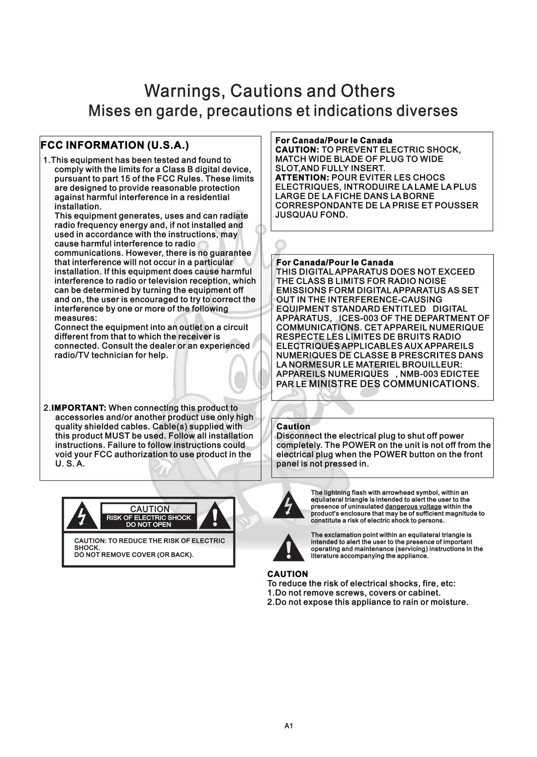 Acesonic AM-898 user manual Mises en garde, precautions et indications diverses 