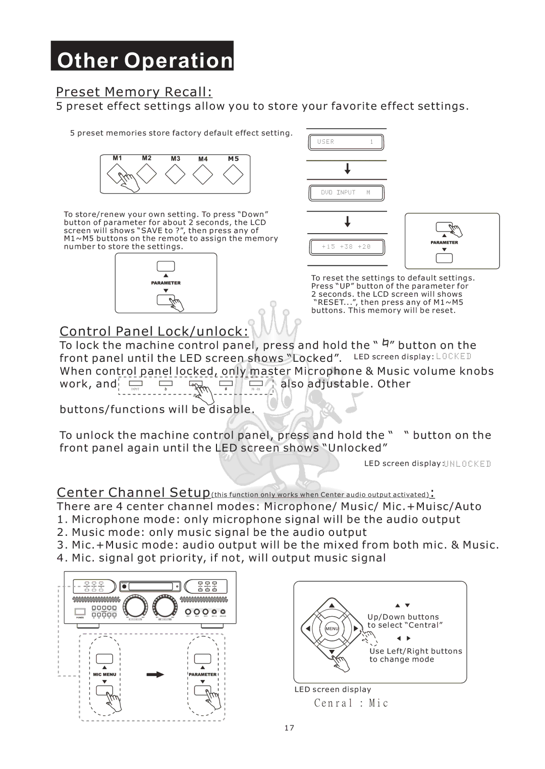 Acesonic AM-898 user manual Other Operation, Preset Memory Recall, Control Panel Lock/unlock 