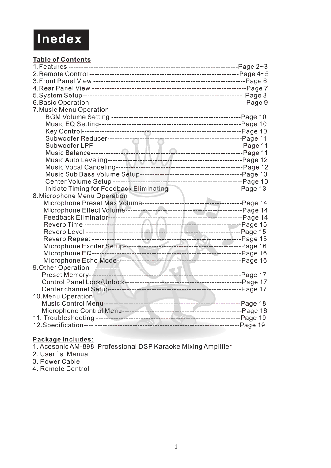 Acesonic AM-898 user manual Inedex, Table of Contents 