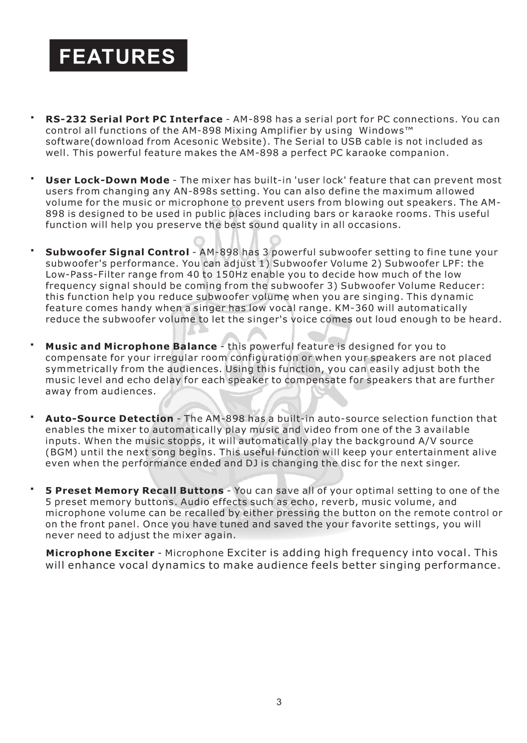 Acesonic AM-898 user manual Features 