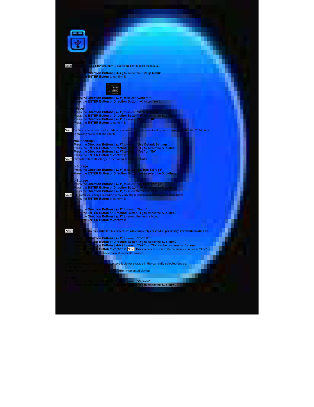 Acesonic BDK-2000 user manual Setup menu System Setup, General, Nand, Format, Free Space, Total Space 