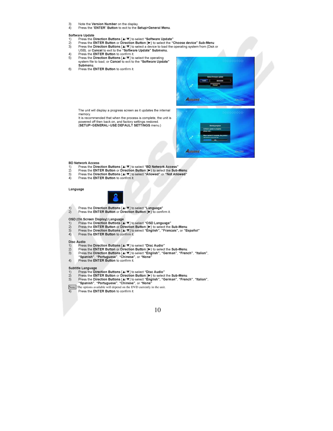 Acesonic BDK-2000 user manual Submenu, Language Press the Direction Buttons / to select Language 