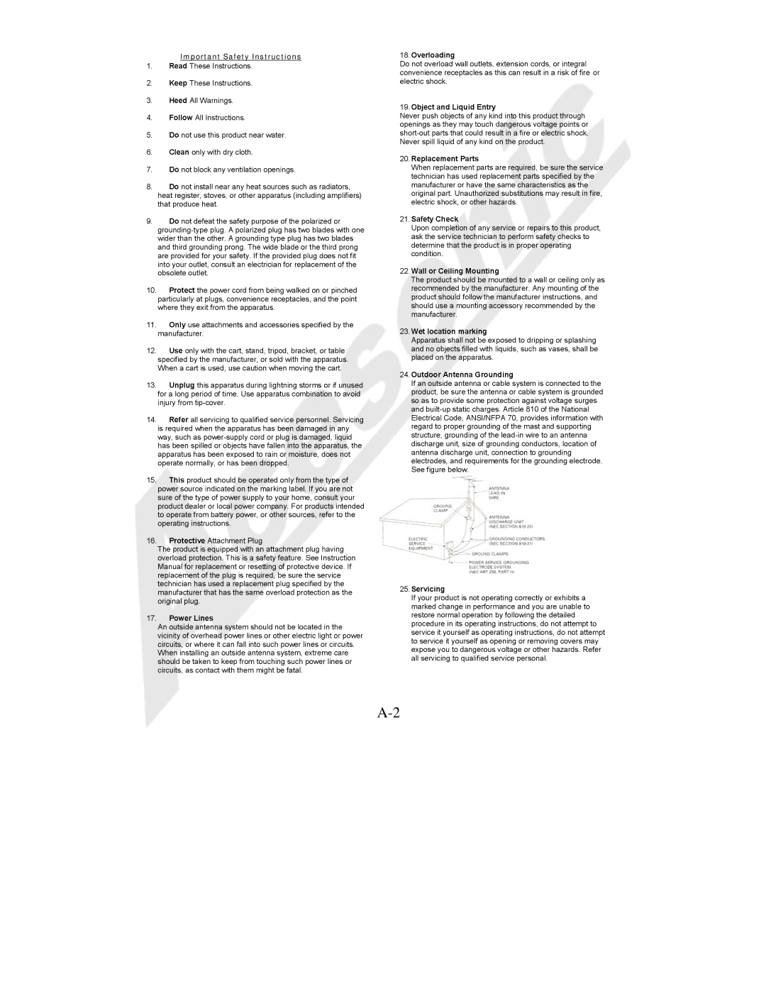 Acesonic BDK-2000 Important Safety Instructions, Power Lines, Overloading, Object and Liquid Entry, Replacement Parts 