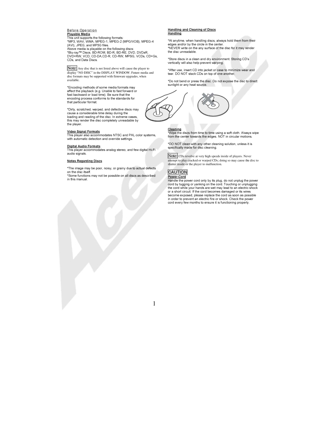 Acesonic BDK-2000 Before Operation Playable Media, Video Signal Formats, Digital Audio Formats, Cleaning, Power-Cord 