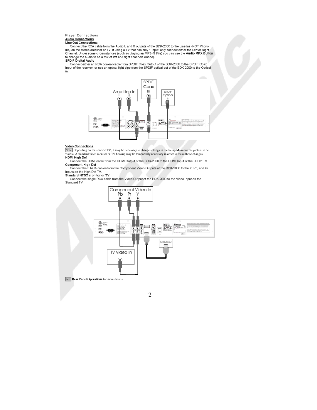 Acesonic BDK-2000 Player Connections Audio Connections Line Out Connections, Spdif Digital Audio, Component High Def 