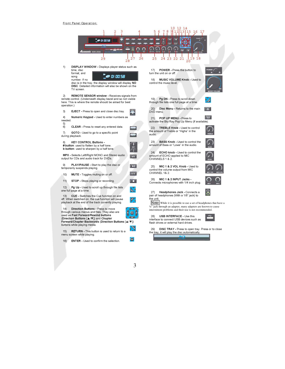 Acesonic BDK-2000 user manual Front Panel Operation, KEY Control Buttons, Music Volume Knob Used to control the music level 