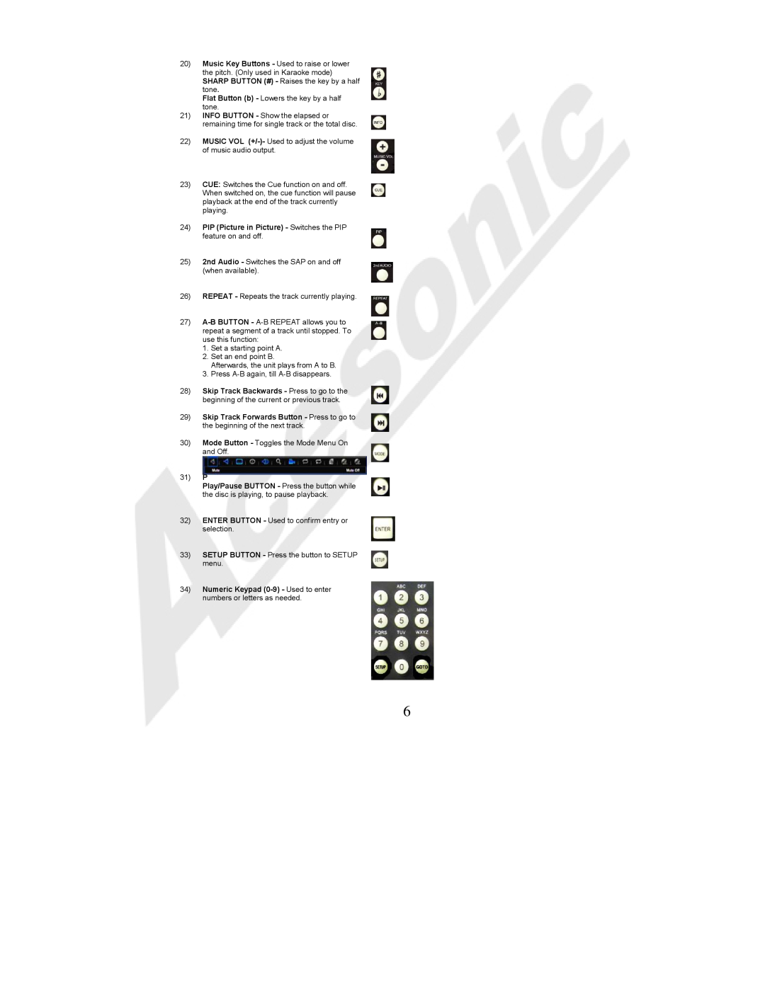 Acesonic BDK-2000 user manual PIP Picture in Picture - Switches the PIP feature on and off, 31 P 