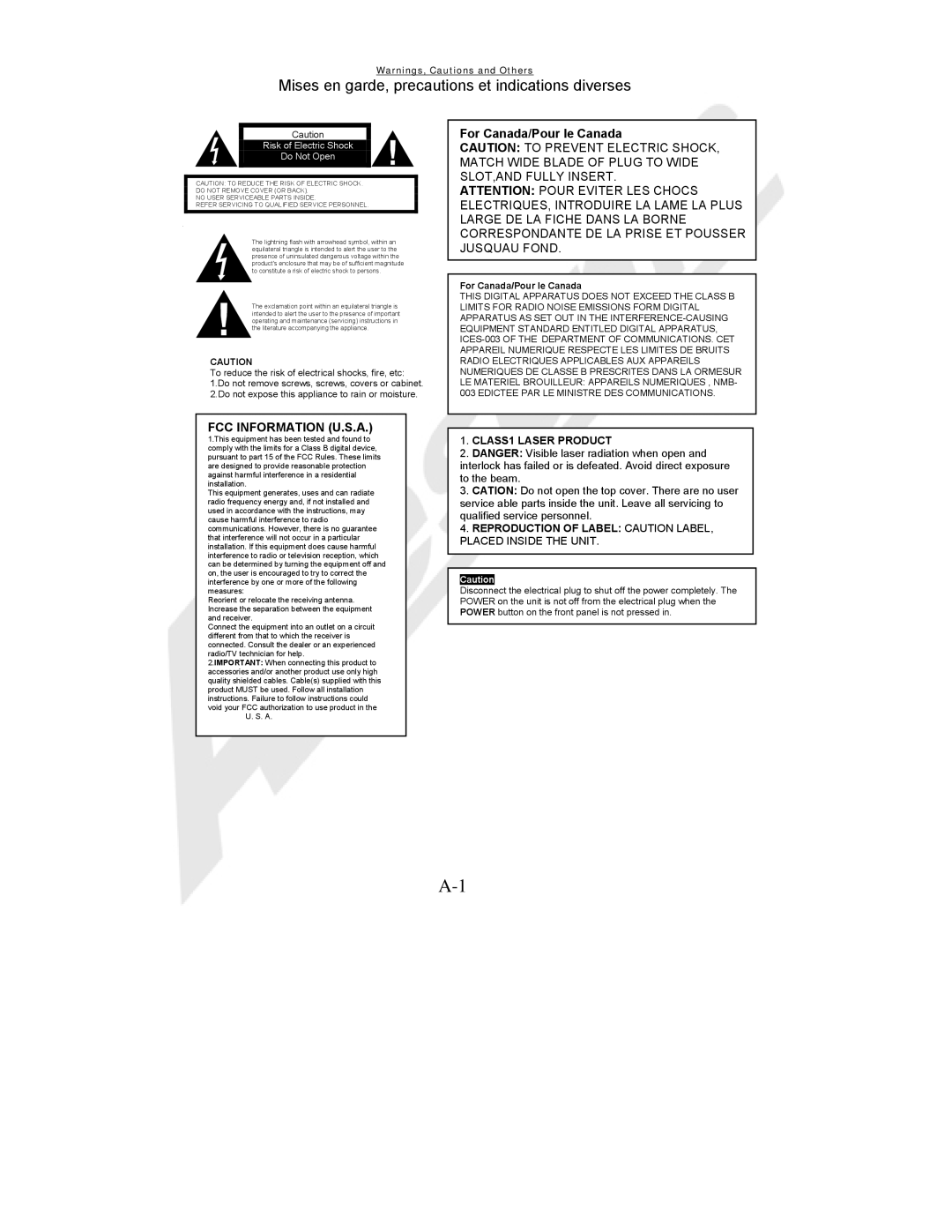Acesonic BDK-2000 Fcc Information U.S.A, For Canada/Pour le Canada, Mises en garde, precautions et indications diverses 