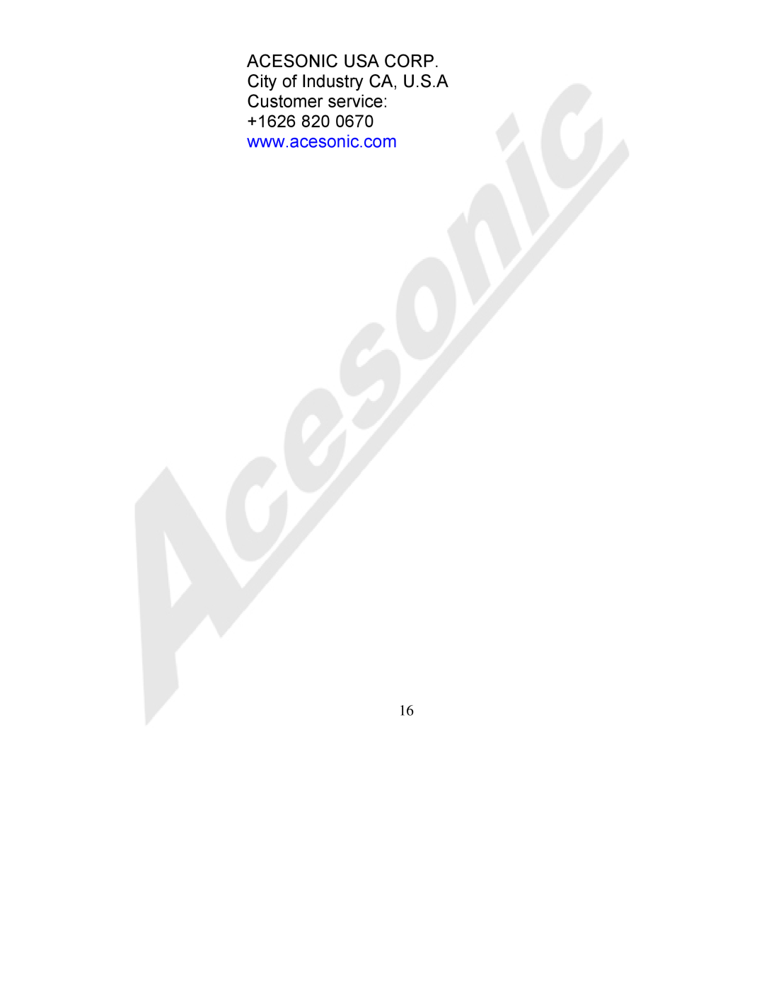 Acesonic BDK-2000 user manual ACESONIC USA CORP. City of Industry CA, U.S.A Customer service 