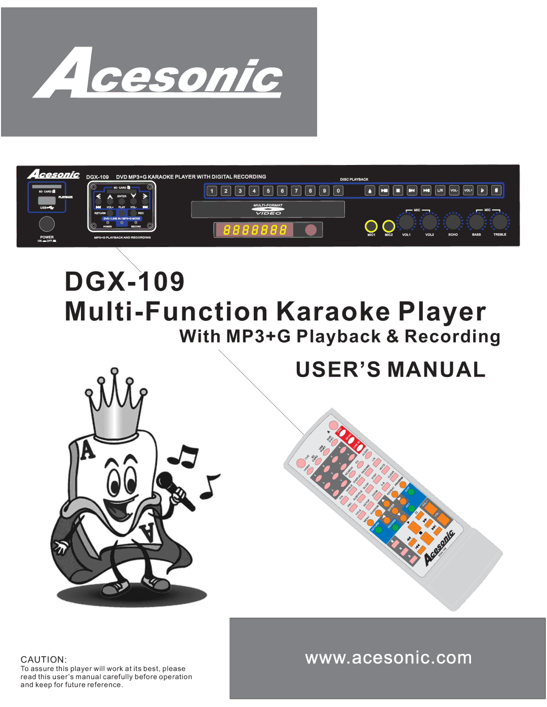 Acesonic user manual DGX-109 Multi-Function Karaoke Player 