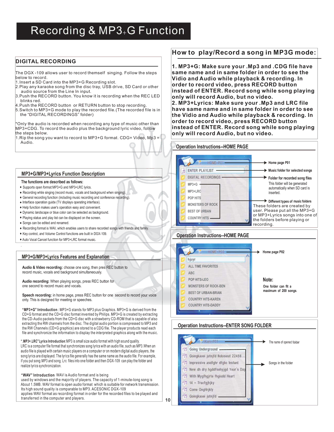 Acesonic DGX-109 user manual Recording & MP3+ G Function, How to play/Record a song in MP3G mode, Digital Recording 