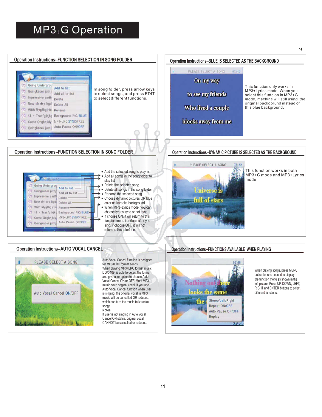 Acesonic DGX-109 user manual MP3+ G Operation, Operation Instructions--AUTO Vocal Cancel 