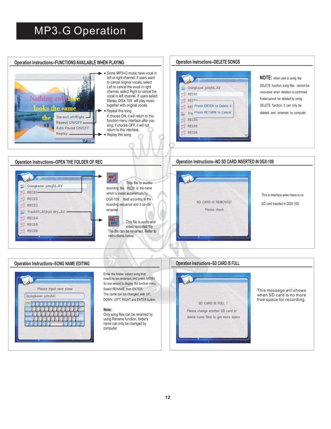 Acesonic DGX-109 user manual Operation Instructions--DELETE Songs, Operation Instructions--OPEN the Folder of REC 