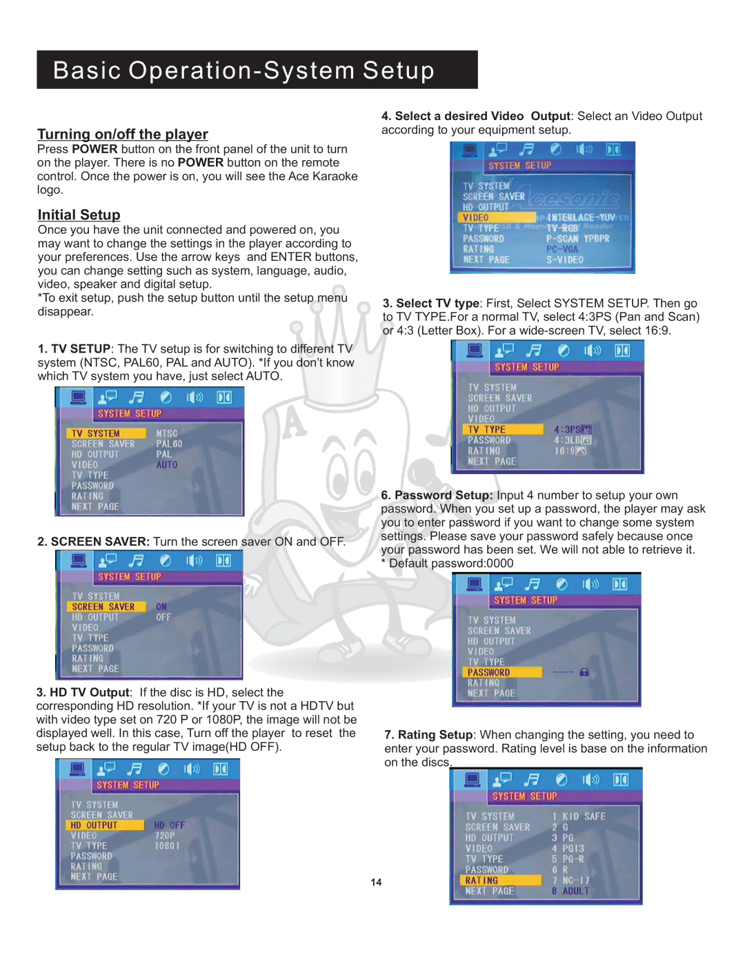 Acesonic DGX-109 user manual Basic Operation-System Setup, Turning on/off the player, Initial Setup 