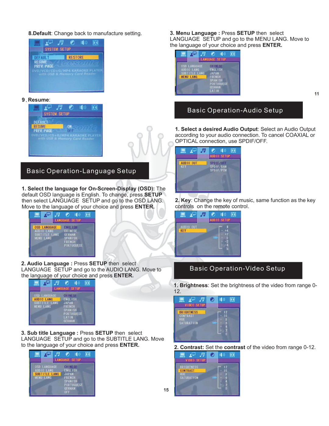 Acesonic DGX-109 user manual Basic Operation-Audio Setup 