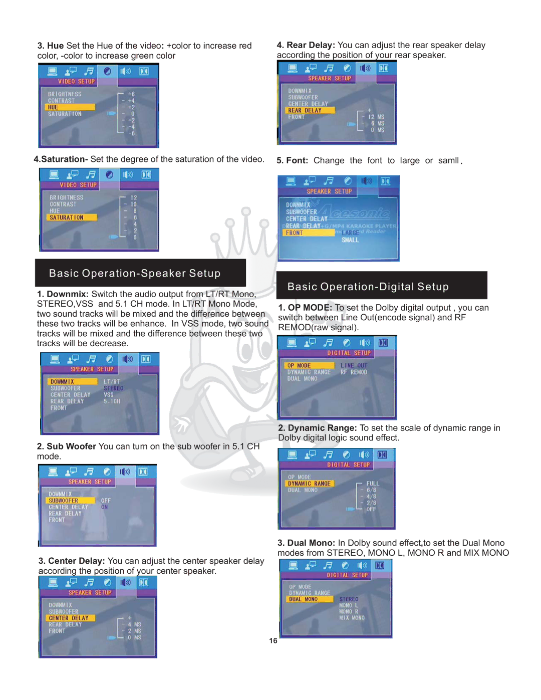 Acesonic DGX-109 user manual Basic Operation-Speaker Setup 