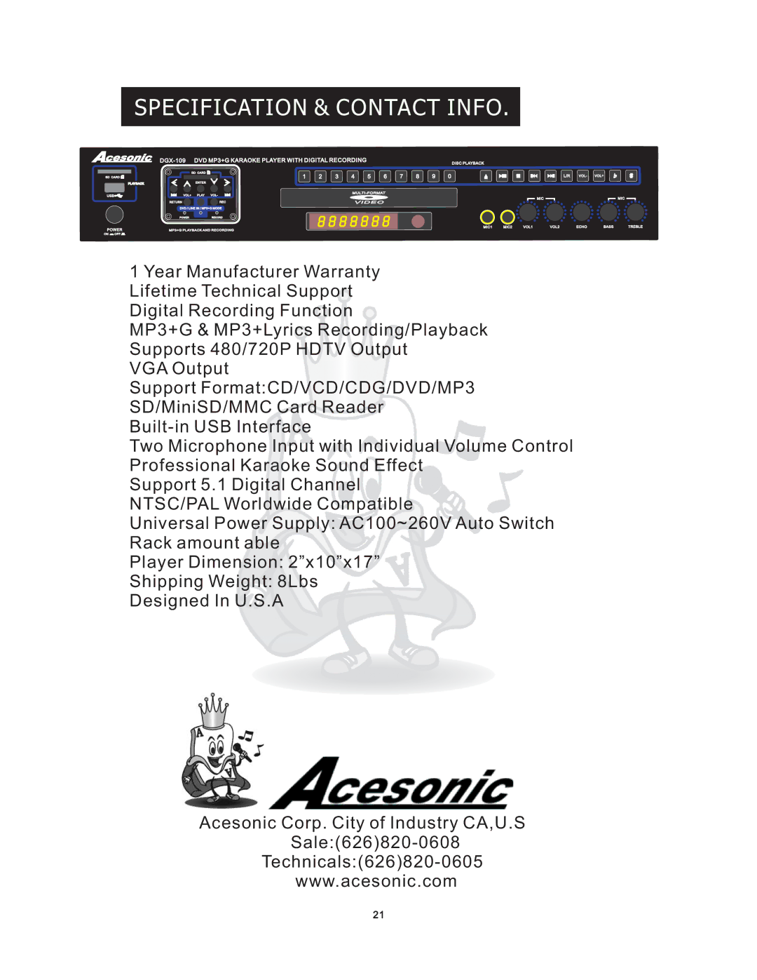 Acesonic DGX-109 user manual Specification & Contact Info 